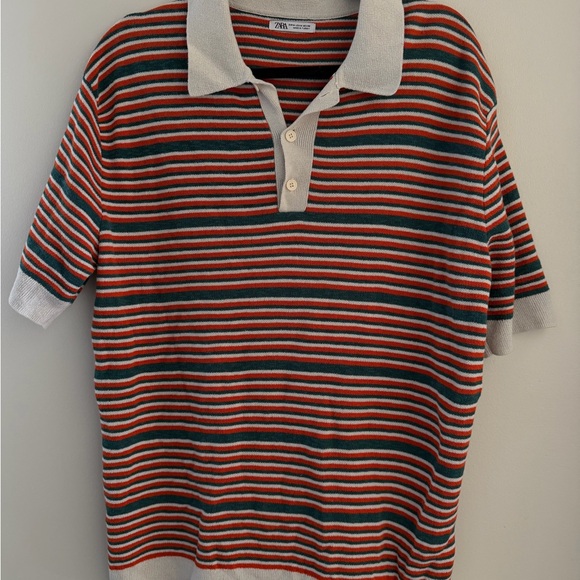 Zara Men's Polo Shirt - Red, Green, White Stripes - Picture 2 of 5